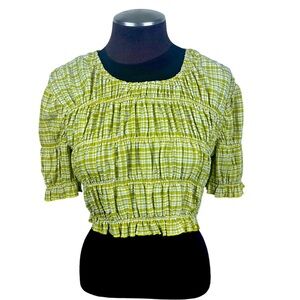 The Native One Line Green Plaid Print Lightweight Rouched Ruffle Crop Top (M)